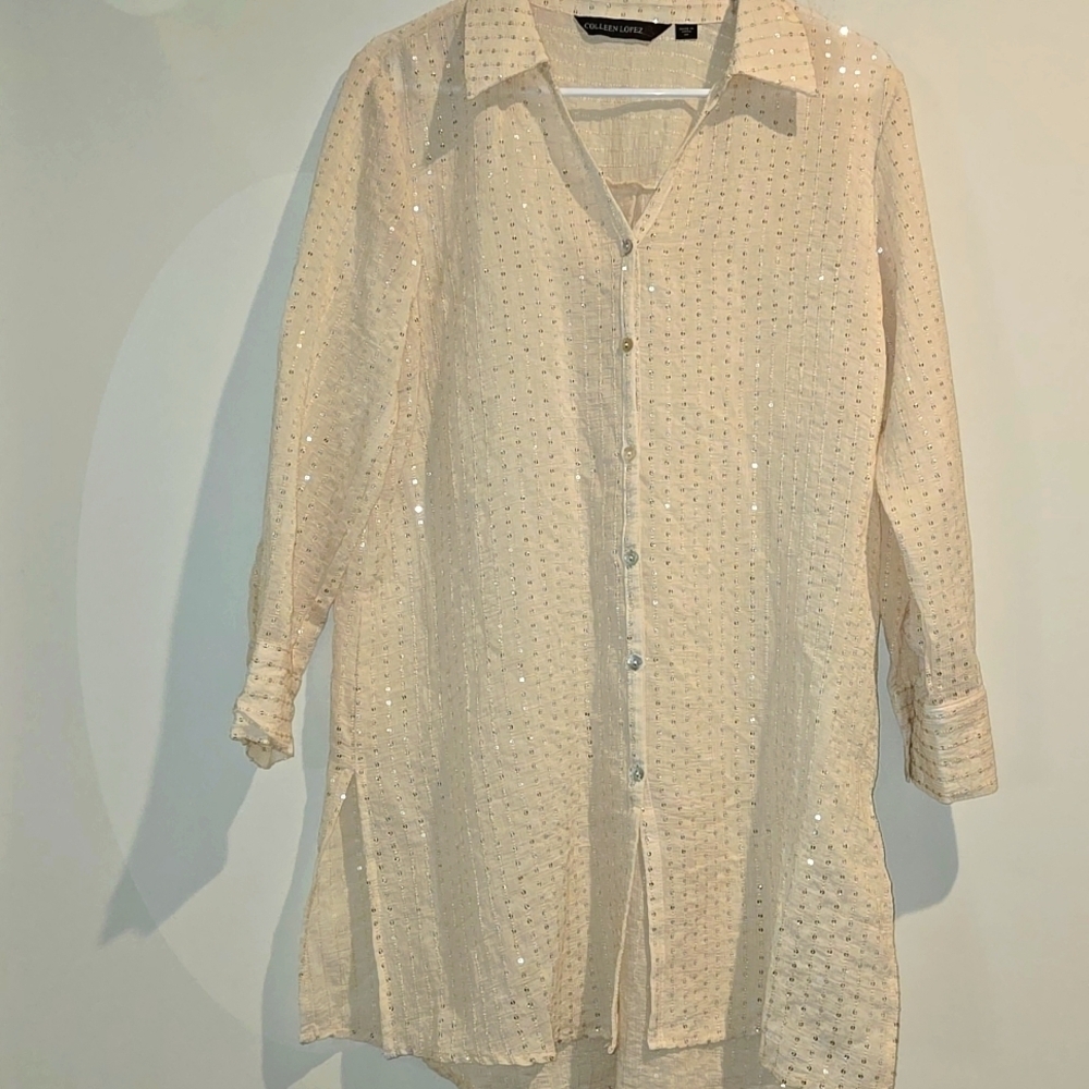 Colleen Lopez Cream Button Down Shirt Relaxed Fit